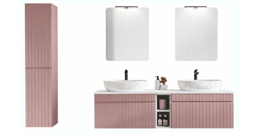 Ensemble ICON : meubles sous vasque 180cm avec niches visibles + deux vasques à poser + miroirs + lampes LED + colonne