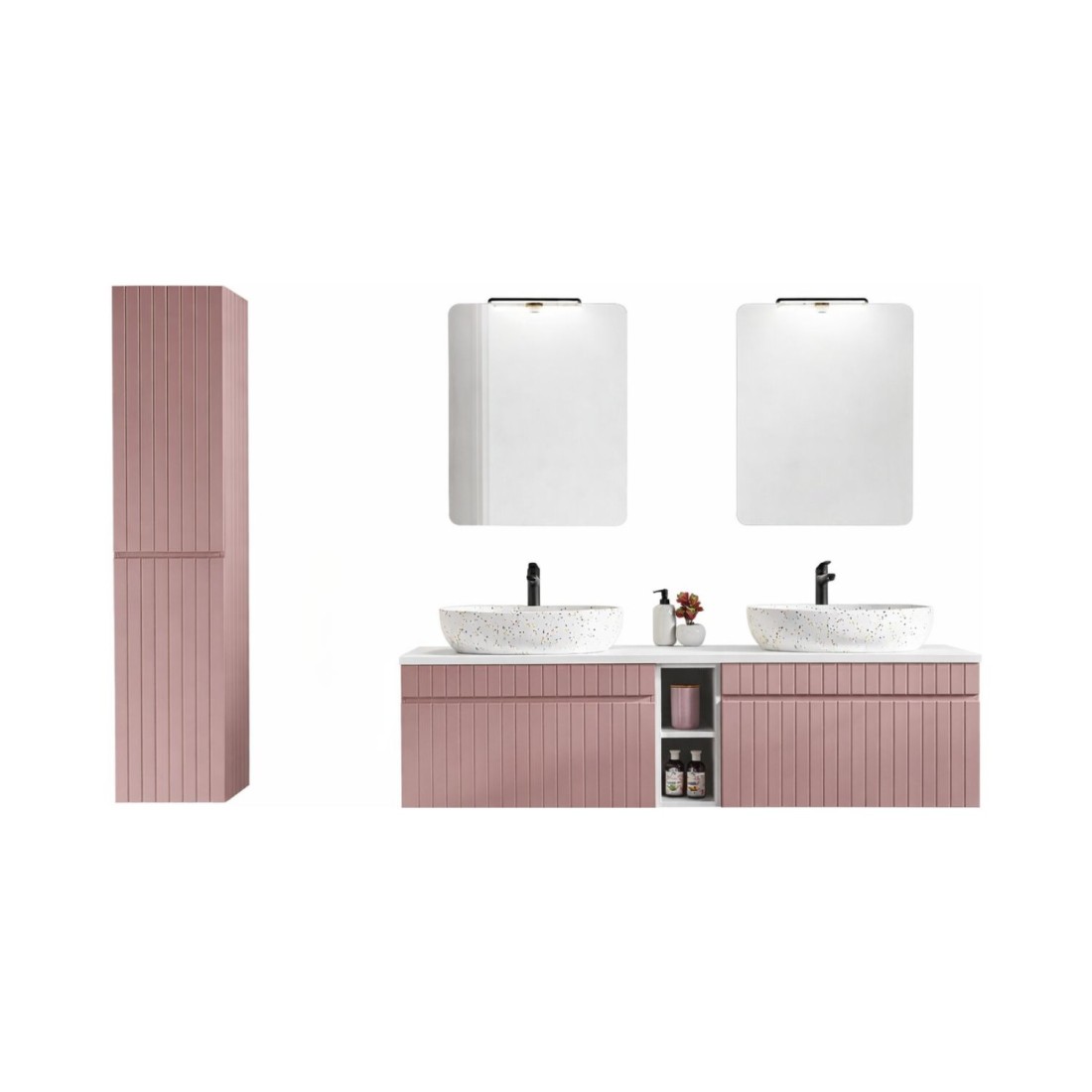 Ensemble ICON : meubles sous vasque 180cm avec niches visibles + deux vasques à poser + miroirs + lampes LED + colonne