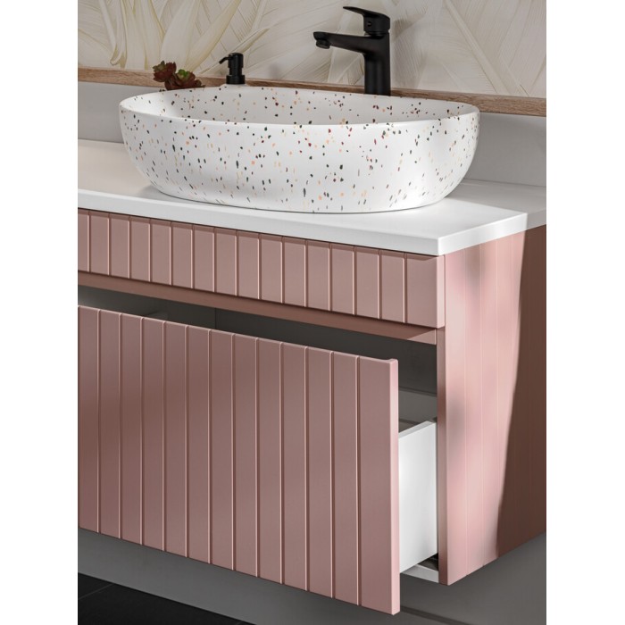 Insieme ICON: mobili sotto lavabo 180cm con nicchie visibili + due lavabi da appoggio + specchi + lampade LED + colonna
