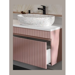 Ensemble ICON : meubles sous vasque 180cm rose poudré avec niches visibles blanche + plan pour vasque blanc
