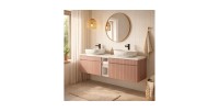Ensemble ICON : meubles sous vasque 180cm rose poudré avec niches visibles blanche + plan pour vasque blanc
