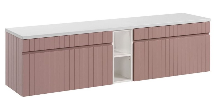 Ensemble ICON : meubles sous vasque 180cm rose poudré avec niches visibles blanche + plan pour vasque blanc