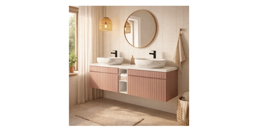 Ensemble de salle de bain ICON : meubles sous vasque 180cm rose poudré avec niches visibles blanche