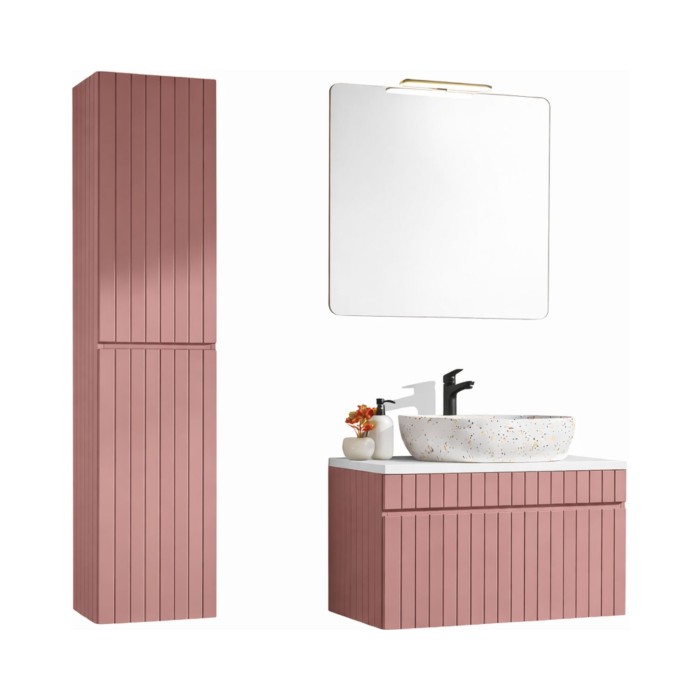 Ensemble ICON rose : meuble sous vasque 80cm, plan pour vasque, vasque à poser, miroir, lampe LED et colonne