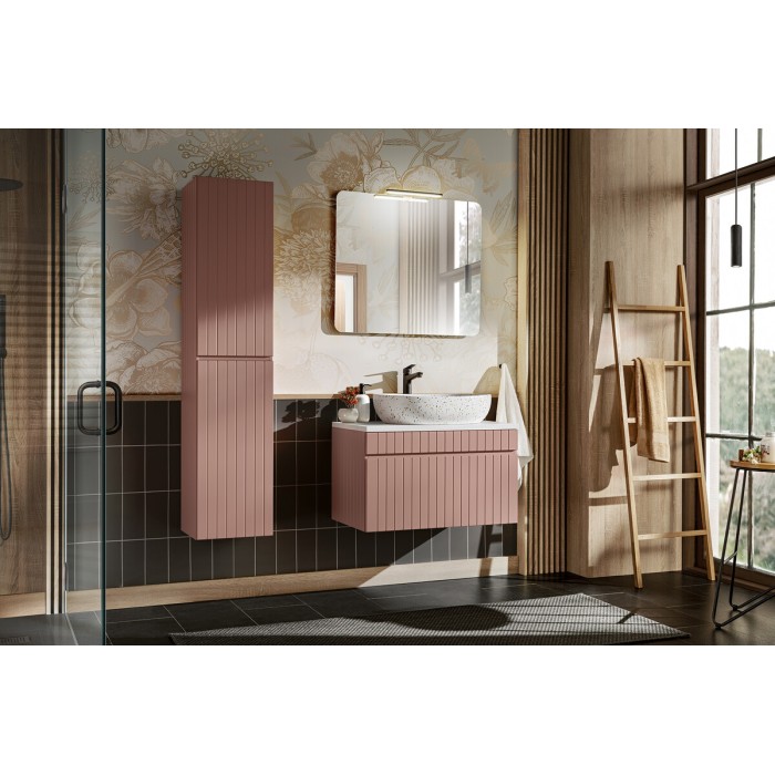 Ensemble ICON rose : meuble sous vasque 80cm, plan pour vasque, vasque à poser, miroir, lampe LED et colonne mis en situation