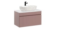 Ensemble ICON : meuble sous vasque 80cm rose poudré + plan pour vasque blanc + vasque à poser mouchetée