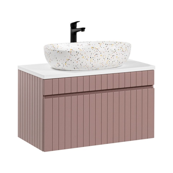 Insieme ICON: mobile sottolavabo 80cm rosa cipria + piano per lavabo bianco + lavabo da appoggio macchiato