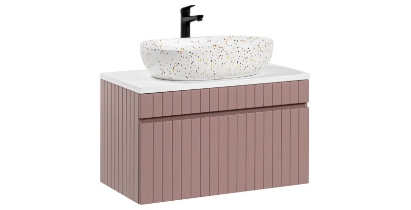 Ensemble ICON : meuble sous vasque 80cm rose poudré + plan pour vasque blanc + vasque à poser mouchetée