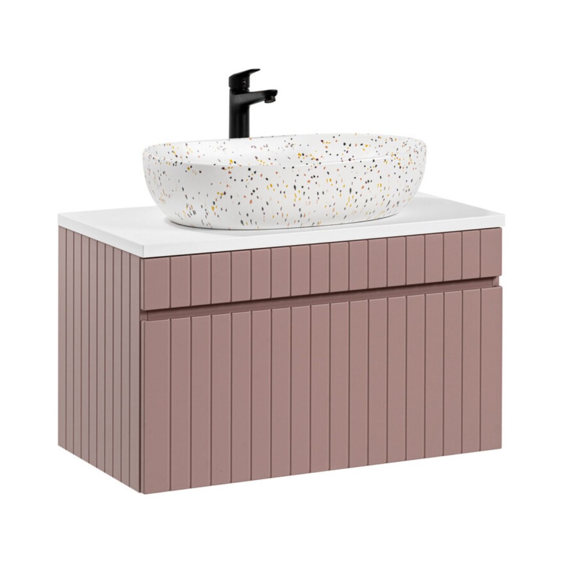 Ensemble ICON : meuble sous vasque 80cm rose poudré + plan pour vasque blanc + vasque à poser mouchetée