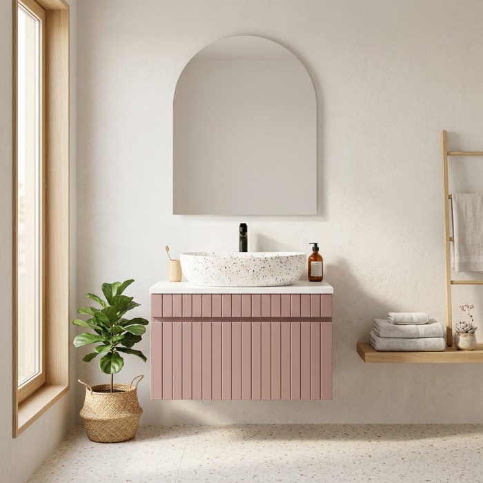 Insieme ICON: mobile sottolavabo 80cm rosa cipria + piano per lavabo bianco + lavabo da appoggio macchiato