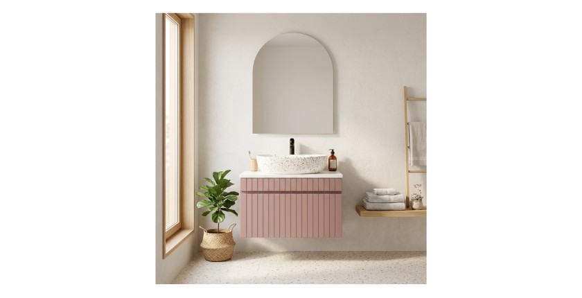 Ensemble ICON : meuble sous vasque 80cm rose poudré + plan pour vasque blanc + vasque à poser mouchetée