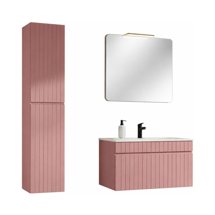 Ensemble ICON rose : meuble sous vasque 80cm, vasque encastrée, miroir, lampe LED et colonne