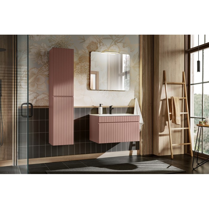 Ensemble ICON rose : meuble sous vasque 80cm, vasque encastrée, miroir, lampe LED et colonne mis en situation