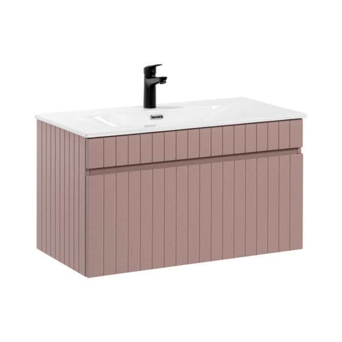 Badezimmer-Set ICON: Waschbeckenunterschrank 80cm in pudrigem Rosa + weißes Einbauwaschbecken