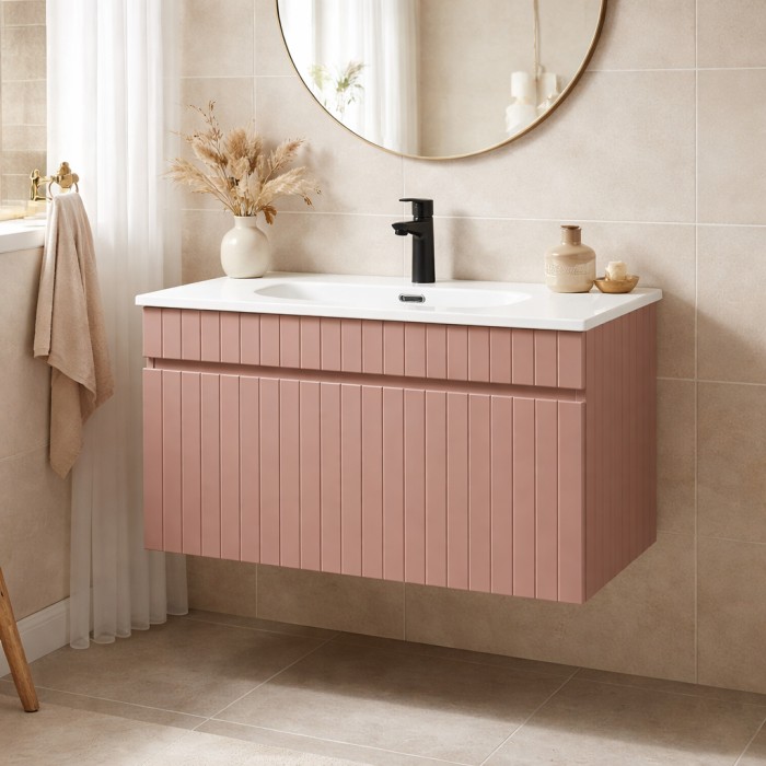 Badezimmer-Set ICON: Waschbeckenunterschrank 80cm in pudrigem Rosa + weißes Einbauwaschbecken