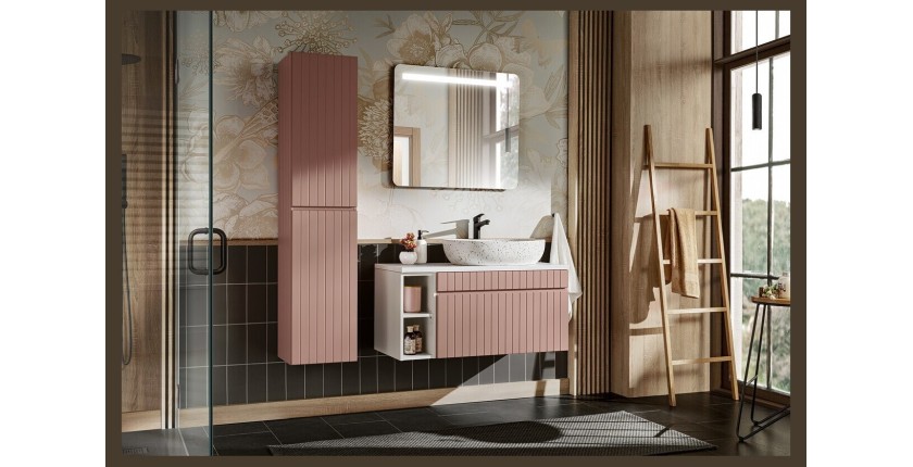 Ensemble ICON : meubles sous vasque 100cm avec niches visibles + plan pour vasque + vasque à poser + miroir LED + colonne