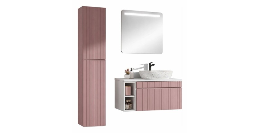 Ensemble ICON : meubles sous vasque 100cm avec niches visibles + plan pour vasque + vasque à poser + miroir LED + colonne