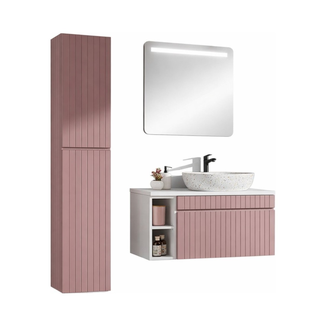 Ensemble ICON : meubles sous vasque 100cm avec niches visibles + plan pour vasque + vasque à poser + miroir LED + colonne