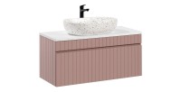 Ensemble ICON : meuble sous vasque 100cm rose poudré + plan pour vasque blanc + vasque à poser mouchetée