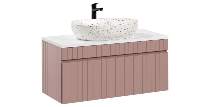 Ensemble ICON : meuble sous vasque 100cm rose poudré + plan pour vasque blanc + vasque à poser mouchetée