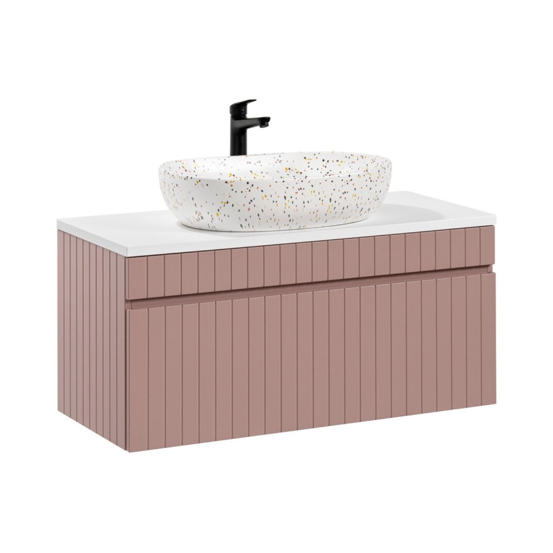 Ensemble ICON : meuble sous vasque 100cm rose poudré + plan pour vasque blanc + vasque à poser mouchetée