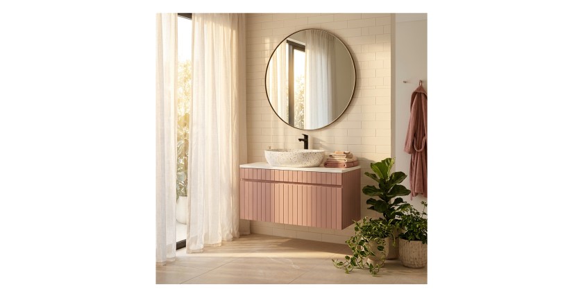 Ensemble ICON : meuble sous vasque 100cm rose poudré + plan pour vasque blanc + vasque à poser mouchetée