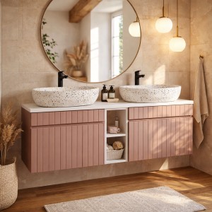 Ensemble ICON rose : meubles sous vasque 60cm et niches visibles blanches mis en situation