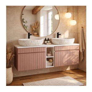 Ensemble ICON rose : meubles sous vasque 60cm et niches visibles blanches mis en situation