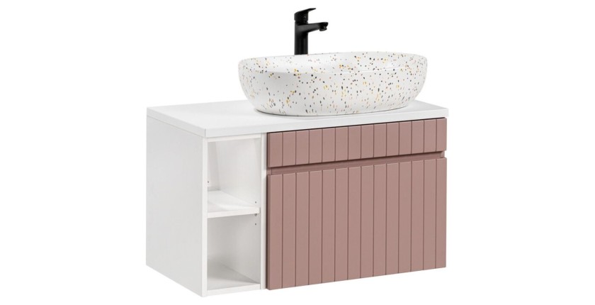 Ensemble ICON rose : meuble sous vasque 60cm, niches visibles, plan pour vasque et vasque à poser mouchetée