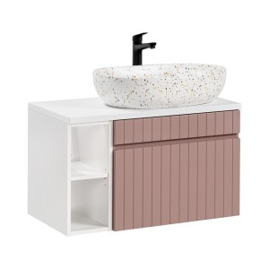 Ensemble ICON rose : meuble sous vasque 60cm, niches visibles, plan pour vasque et vasque à poser mouchetée