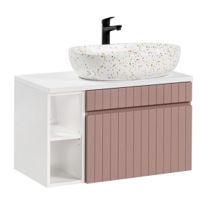 Ensemble ICON rose : meuble sous vasque 60cm, niches visibles, plan pour vasque et vasque à poser mouchetée