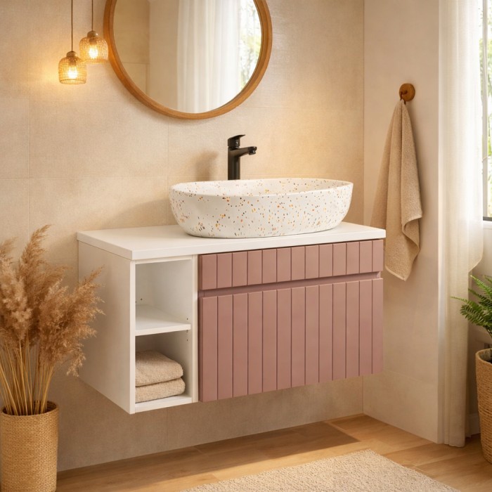 Insieme ICON: mobile sottolavabo 80cm rosa cipria con nicchie visibili bianche + piano per lavabo bianco
