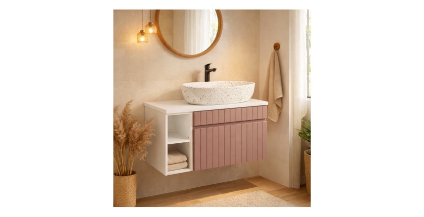 Ensemble ICON rose : meuble sous vasque 60cm, niches visibles et plan pour vasque blanc mis en situation