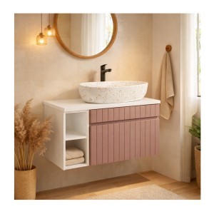 Ensemble ICON rose : meuble sous vasque 60cm, niches visibles et plan pour vasque blanc mis en situation