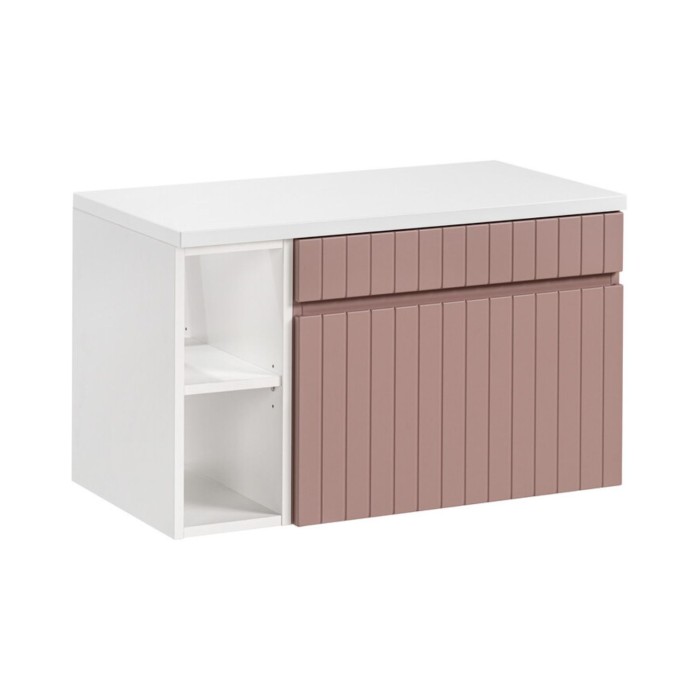 Insieme ICON: mobile sottolavabo 80cm rosa cipria con nicchie visibili bianche + piano per lavabo bianco