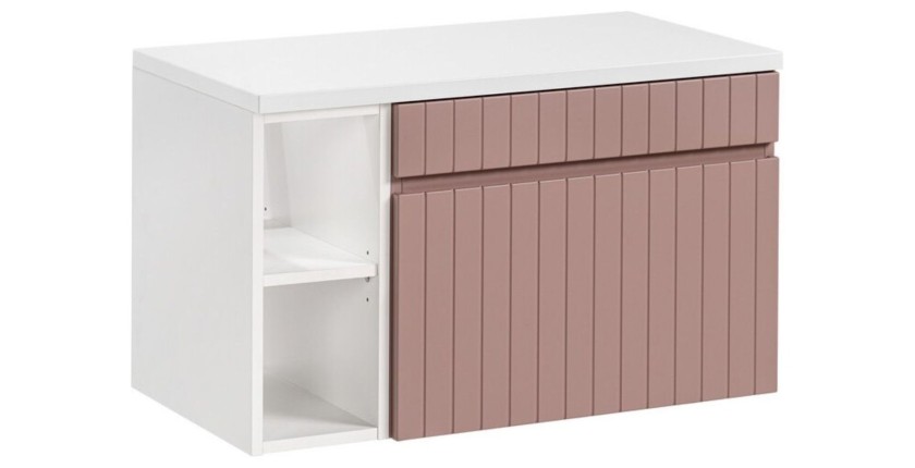 Ensemble ICON rose : meuble sous vasque 60cm, niches visibles et plan pour vasque blanc