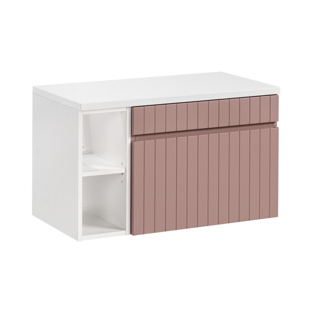 Ensemble ICON rose : meuble sous vasque 60cm, niches visibles et plan pour vasque blanc