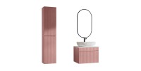 Ensemble ICON rose : meuble sous vasque 60cm, plan pour vasque, vasque à poser, miroir LED et colonne