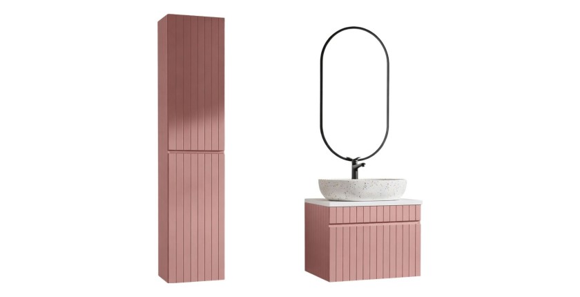 Ensemble ICON rose : meuble sous vasque 60cm, plan pour vasque, vasque à poser, miroir LED et colonne
