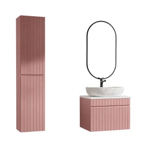 Ensemble ICON rose : meuble sous vasque 60cm, plan pour vasque, vasque à poser, miroir LED et colonne