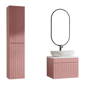 Ensemble ICON rose : meuble sous vasque 60cm, plan pour vasque, vasque à poser, miroir LED et colonne