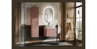 Ensemble ICON rose : meuble sous vasque 60cm, plan pour vasque, vasque à poser, miroir LED et colonne mis en situation