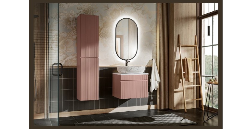 Ensemble ICON rose : meuble sous vasque 60cm, plan pour vasque, vasque à poser, miroir LED et colonne mis en situation