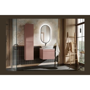 Ensemble ICON rose : meuble sous vasque 60cm, plan pour vasque, vasque à poser, miroir LED et colonne mis en situation