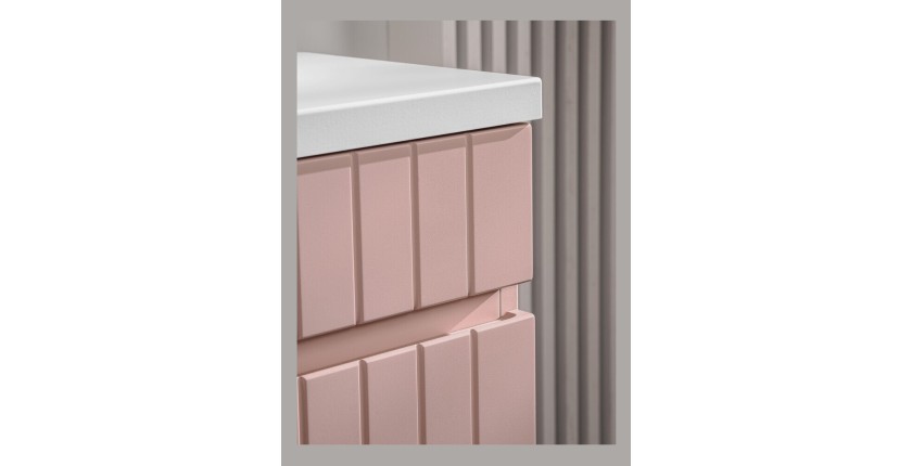 Zoom sur la jonction entre le plan pour vasque blanc et le meuble sous vasque rose poudré ICON