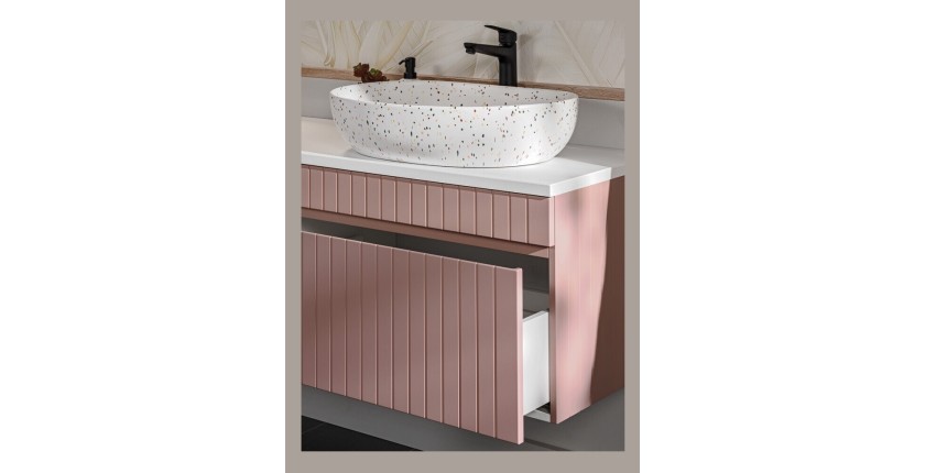 Zoom sur le tiroir ouvert du meuble sous vasque rose poudré ICON