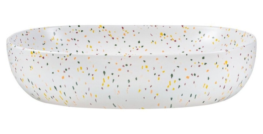 Vasque à poser en céramique blanche moucheté multicolor vue de face