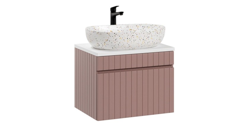 Ensemble ICON rose : meuble sous vasque 60cm, plan pour vasque blanc et vasque à poser mouchetée