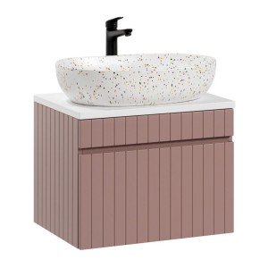 Ensemble ICON rose : meuble sous vasque 60cm, plan pour vasque blanc et vasque à poser mouchetée