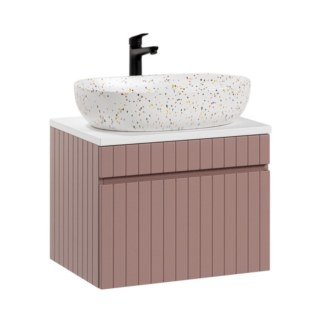 Ensemble ICON rose : meuble sous vasque 60cm, plan pour vasque blanc et vasque à poser mouchetée